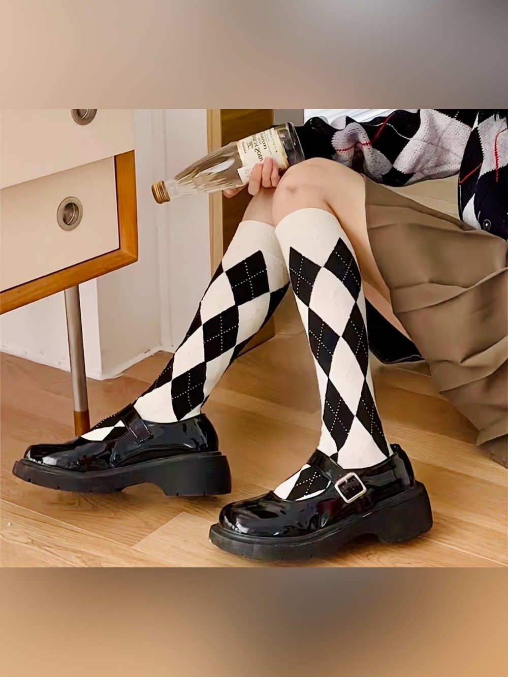 Argyle Knee-High Socks - Black and White - NWT